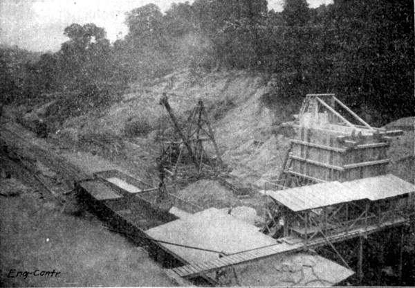 Fig. 140.—View of Mixer Plant Showing Method of
Unloading Materials, Burton Tunnel.