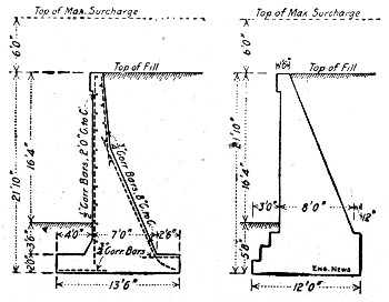 Fig. 99.—Comparison of Plain and Reinforced Sections for
Retaining Wall (F. F. Sinks).