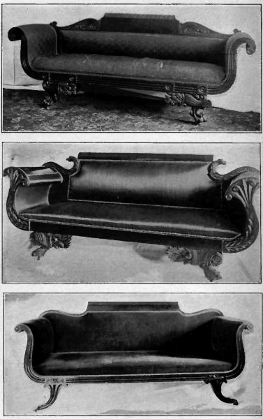 Plate XXVII.—Empire Sofa; Cornucopia Sofa; Sofa in Adams style, about 1800.