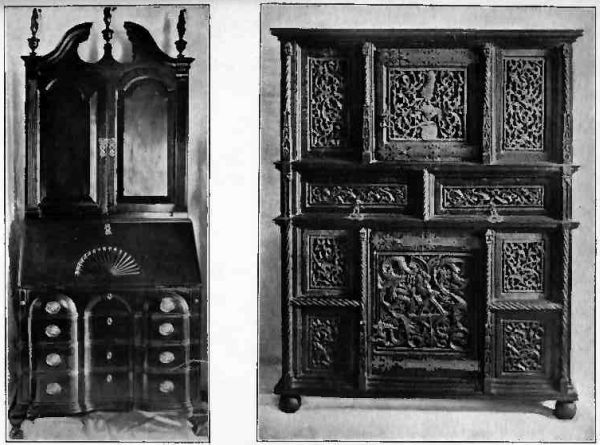 Plate XXXIV.—Block Front Bureau Desk, owned by Nathan C. Osgood, Esq. One of the best specimens in New England; oak paneled Chest, about 1675.