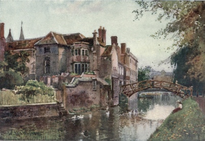 QUEENS’ COLLEGE FROM THE RIVER FRONT

On the left is seen the garden front of the President’s Lodge. The
wooden bridge designed by Etheridge (1749) is known as the Mathematical
Bridge. In the distance are the two old mills—the King’s Mill and the
Bishop’s Mill.