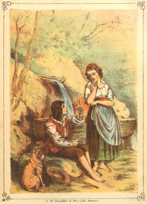 standing
young woman gazing at a seated young man