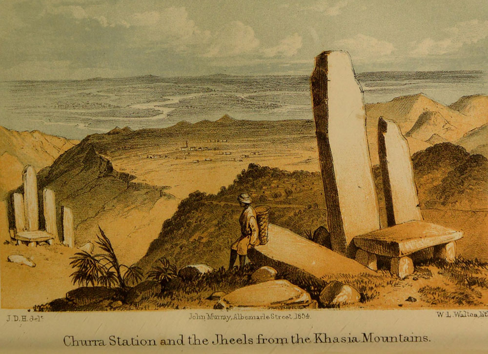The table-land and
station of Churra, with the jheels, course of the Soormah River, and Tipperah
Hills in the extreme distance, looking south.