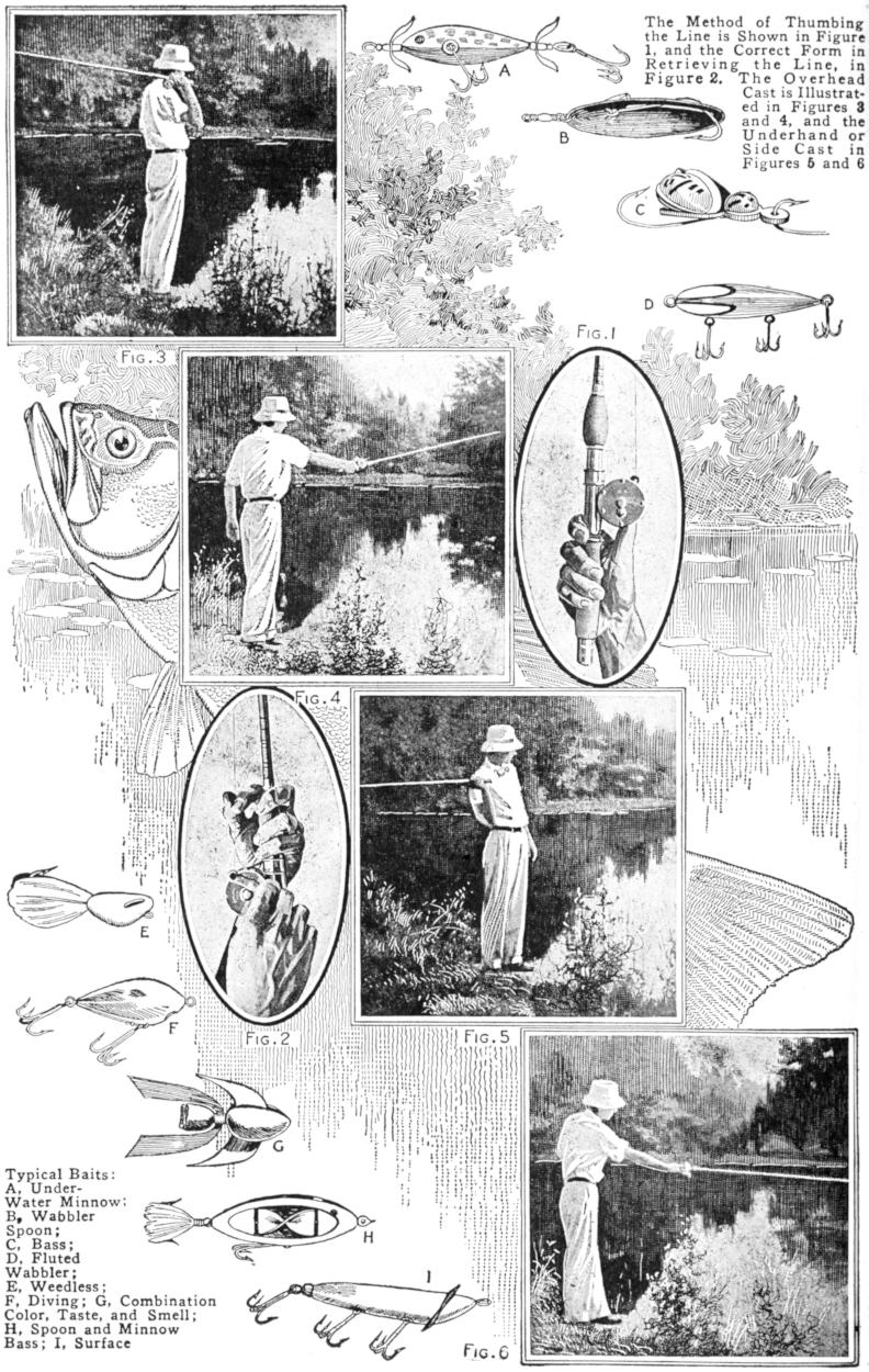 Bait casting and fishing scenes; lures