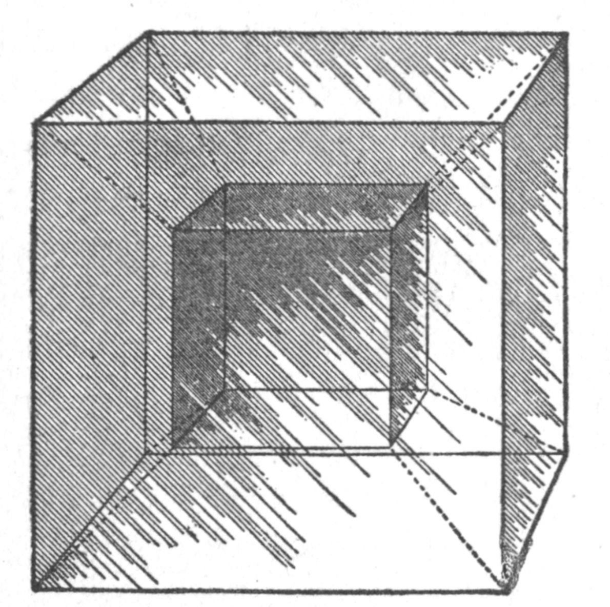 A four-dimensional cube-like solid if transparent and looked at
with one eye would appear something like this picture.