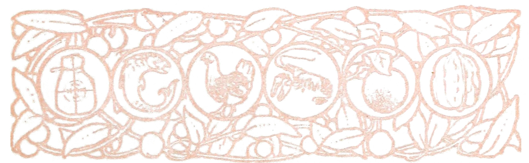 Decorative band with images of cheese, a fish, a chicken, a lobster, an apple, and a walnut.