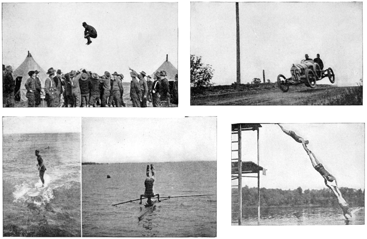 Somersault in the air -- Racing car jumping on dirt road -- Surfer standing on board --
Rower doing handstand in boat -- Divers holding each other's hands and feet