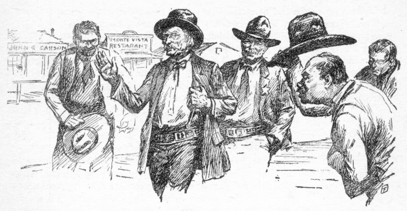 Five men in Western attire standing on a town street, with a saloon and restaurant visible in the background.