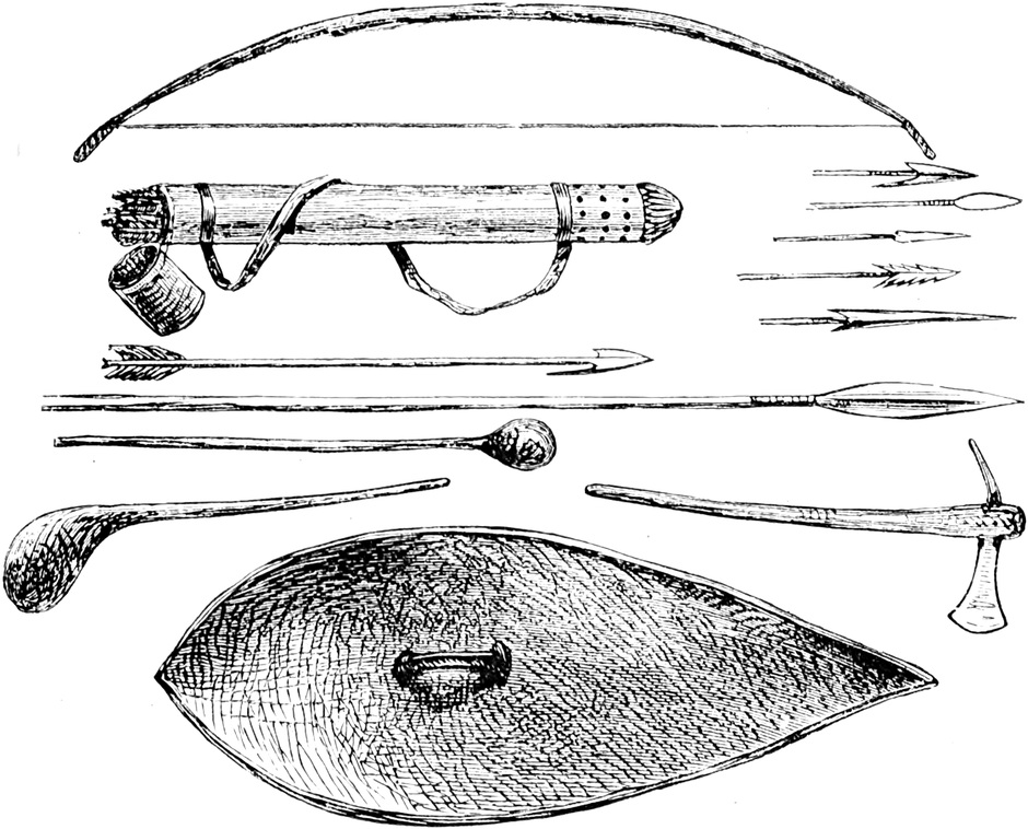 Einige Speere, Pfeilspitzen,
  Bogen, Köcher und Schild
