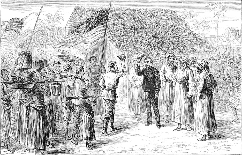 Livingstone und Stanley
  begrüßen einander und lüften ihre Mützen dabei