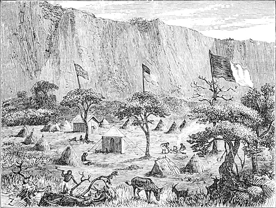 Die Expedition
  lagert am Fuß eines Steilhanges