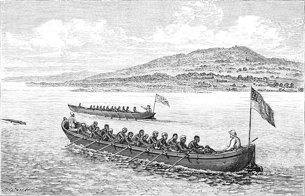 Zwei große Ruderboote
  mit britischer und amerikanischer Flagge