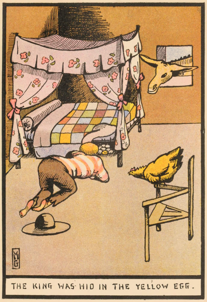 The Fool looks under the bed at a clutch of eggs, one of which is yellow. The Mule looks in at the window.