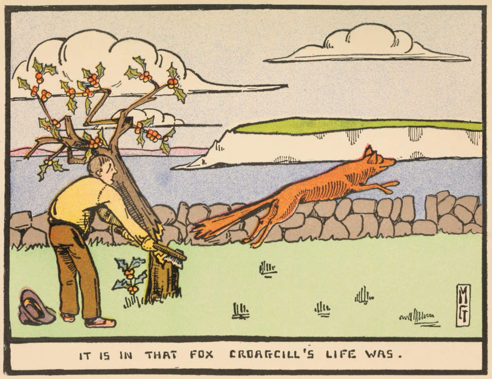 A man has just chopped down a holly bush with a sword; a fox is leaping out from where it has been cut.