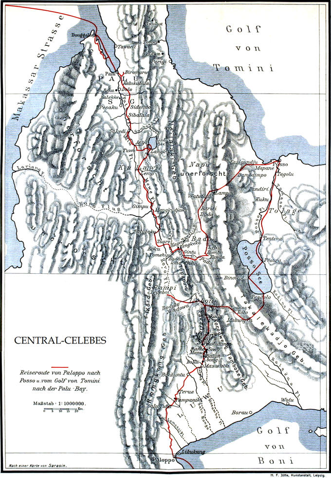 Karte von Zentral-Celebes,
  eingezeichnet sind die im Buch beschriebenen Reiserouten