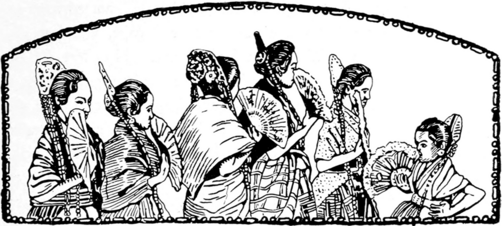 Kopfvignette: Einheimische Damen
  mit Kopfschmuck und Fächer