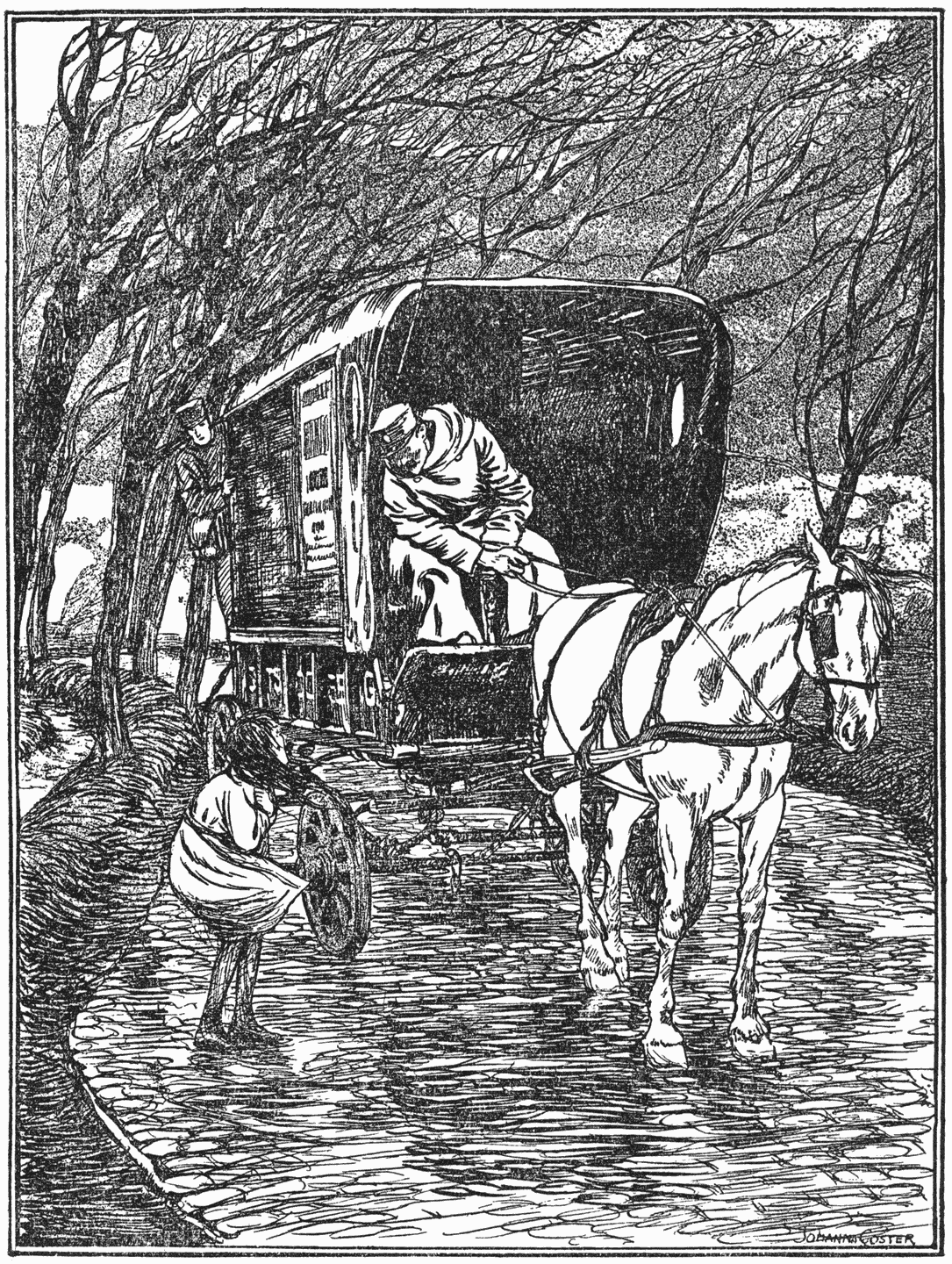 Toen de koetsier dat kleine, verwaaide, ongelukkige hoopje mensch op den eenzamen weg zag staan en wenken, hield hij dadelijk zijn paard in.