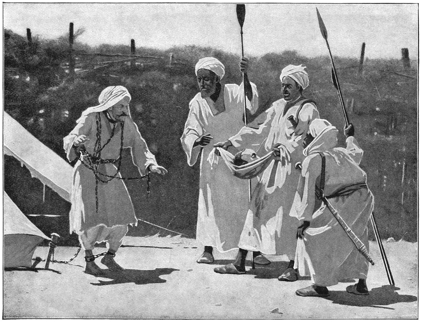 Mahdisten brengen het hoofd van Gordon Pacha aan den gevangenen Slatin.