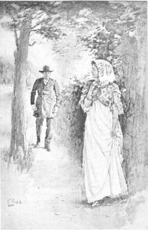 a young woman, dressed rather tightly and with a scarf around her
head is walking in a garden or forest,
She is followed by a man and she looks over her shoulder